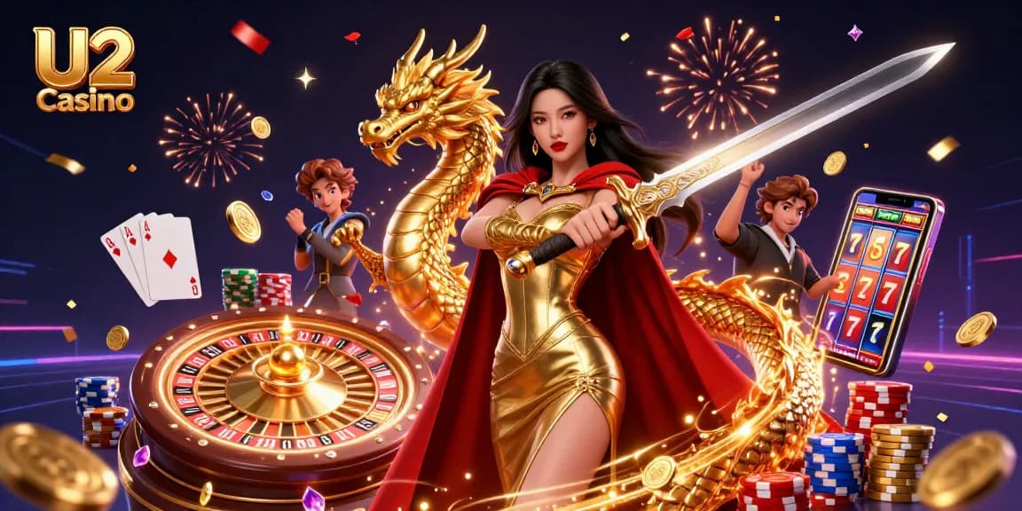 Win big at U2 Casino with a stunning illustration of an Asian queen, golden coins, and luxury game elements.