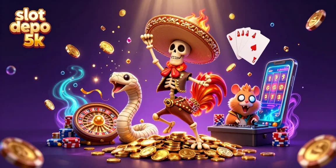 Spin exciting slot depo 5k reels with a colorful 3D casino scene showcasing festive characters.