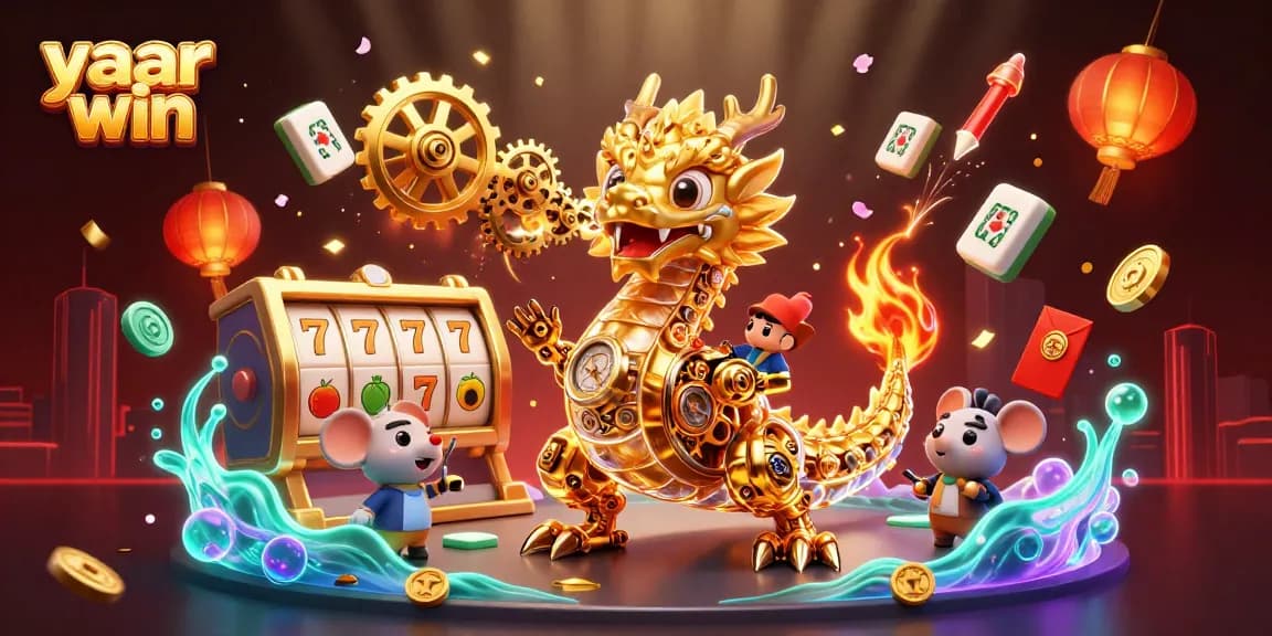 Experience the excitement of yaar win with a golden dragon and slot reels in a dynamic casino scene.