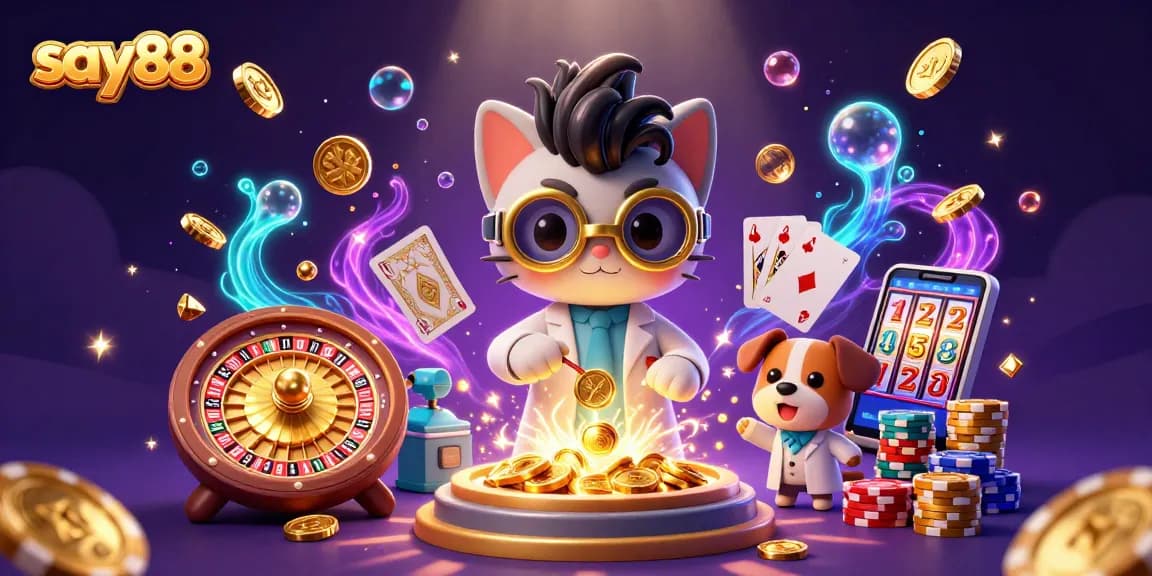 Spin the reels and win big with say88 in this vibrant, lively casino illustration.