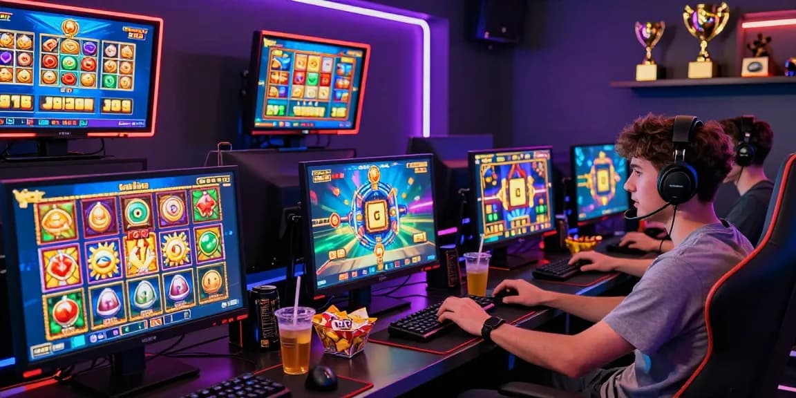 Pengalaman permainan slot jackpot yang intens dengan pemain terlibat di ruang permainan modern.