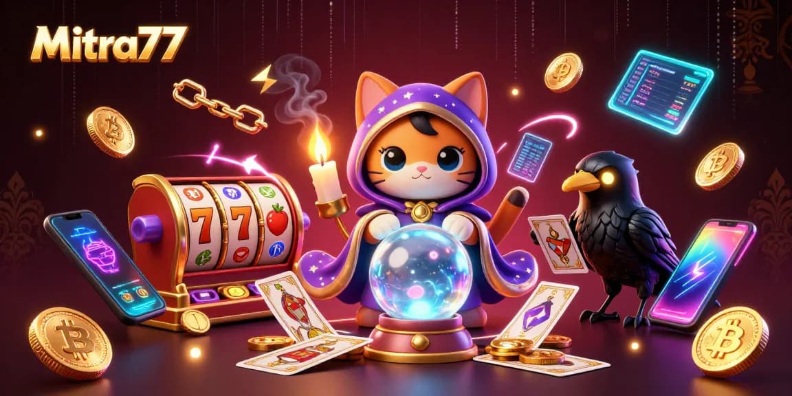 Mitra77 menampilkan fitur slot gacor dan jackpot dengan karakter mistis dalam latar penuh cahaya neon.