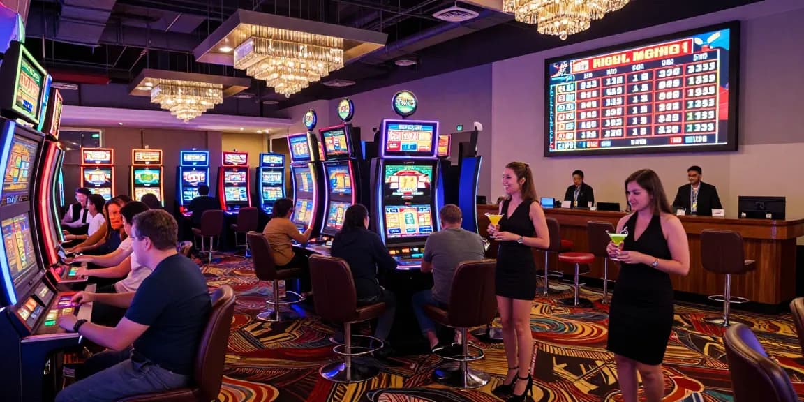 Engaged players at KO66 casino gaming floor, bright lights, and lively atmosphere