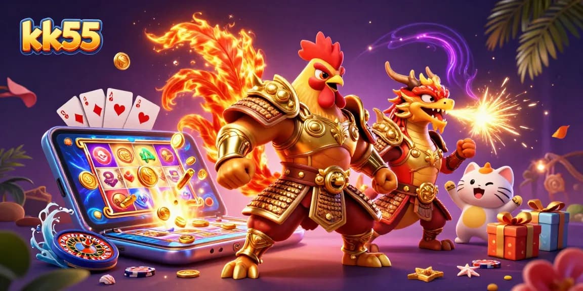 Experience thrill with kk55’s vibrant gaming scene featuring a warrior rooster and dragon.