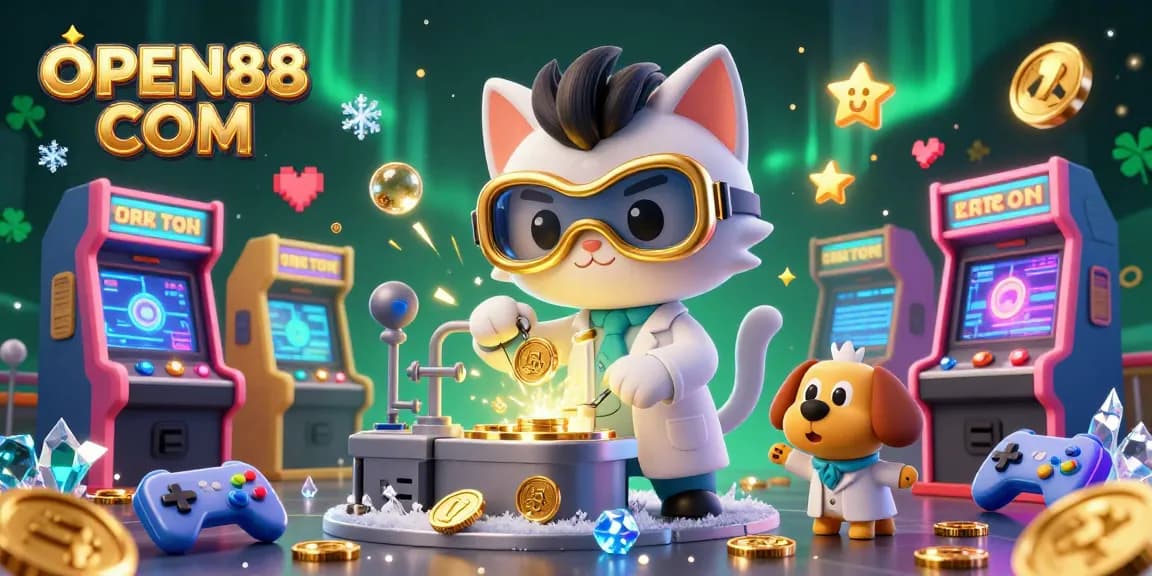Engage with thrilling casino adventures at OPEN88 COM featuring mad scientist cat and loyal dog in gaming lab.