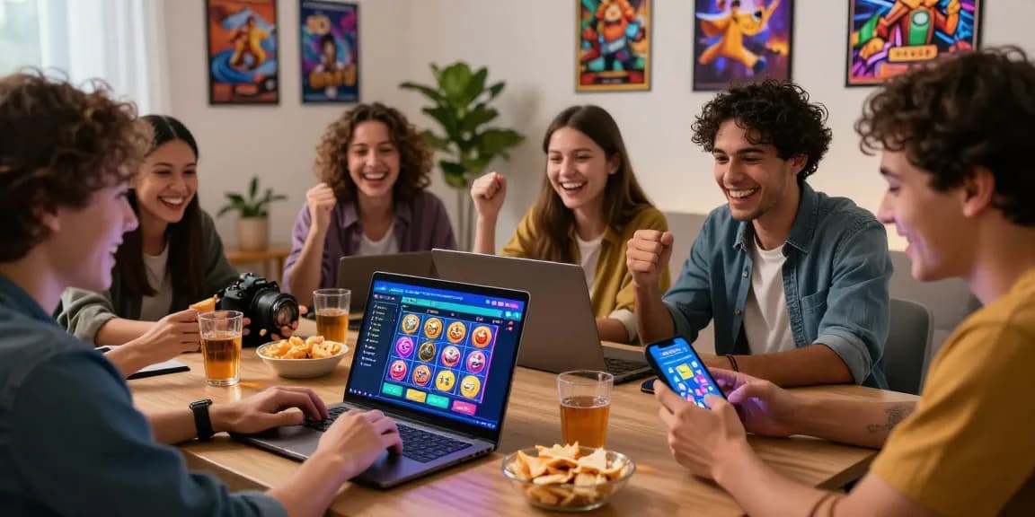 Friends enjoying a lively session of deposit tanpa minimal slot gaming on a laptop in a cozy living room.