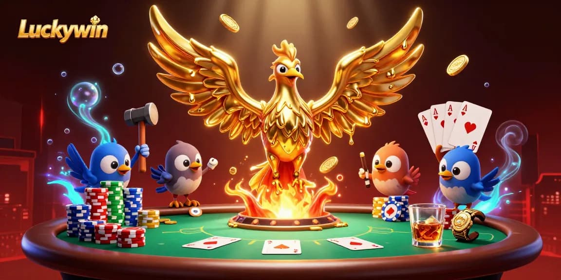 Spin winning action at Luckywin with a golden phoenix, poker chips, and vibrant casino atmosphere.