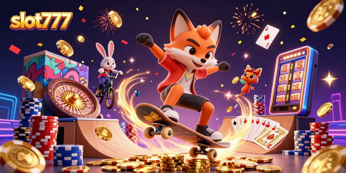 Experience excitement with slot777 as the 3D skateboarder fox and BMX-riding rabbit perform gambling tricks.