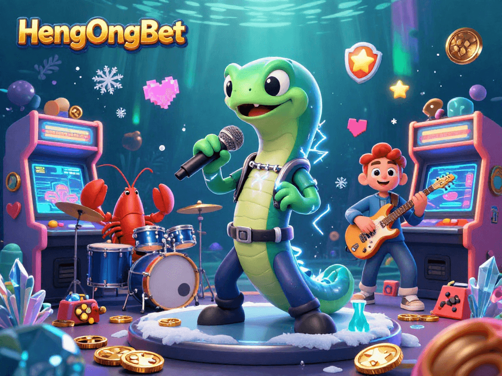HengOngBet showcases an energetic underwater casino scene with a DJ eel and band.