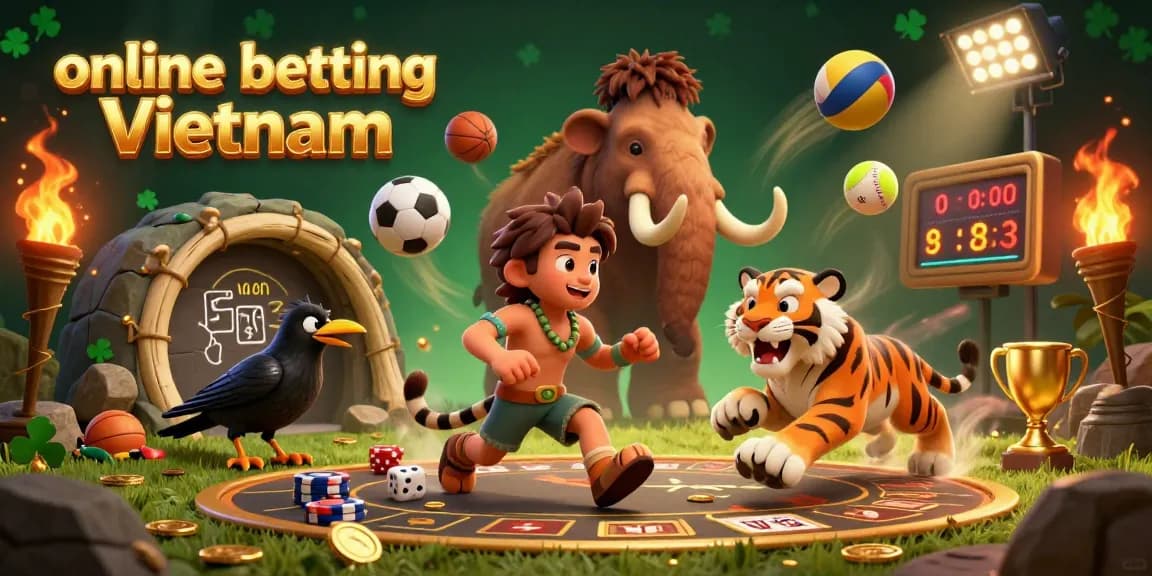 Enjoy online betting Vietnam through this vibrant 3D illustration featuring an exciting prehistoric casino scene.