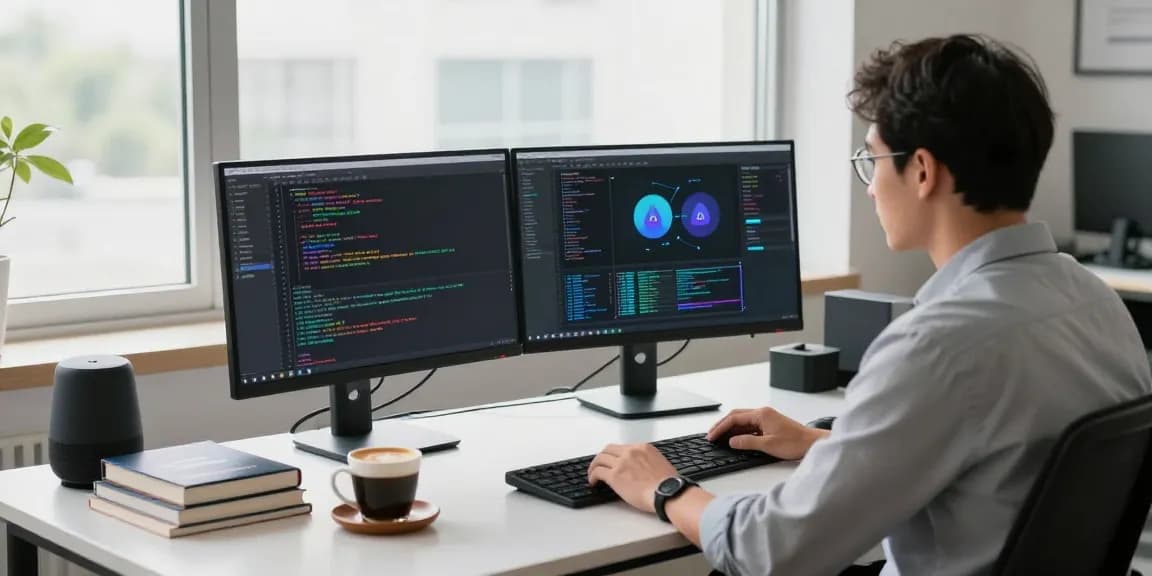 AI assistant development in modern tech workspace featuring dual monitors and programming tools.
