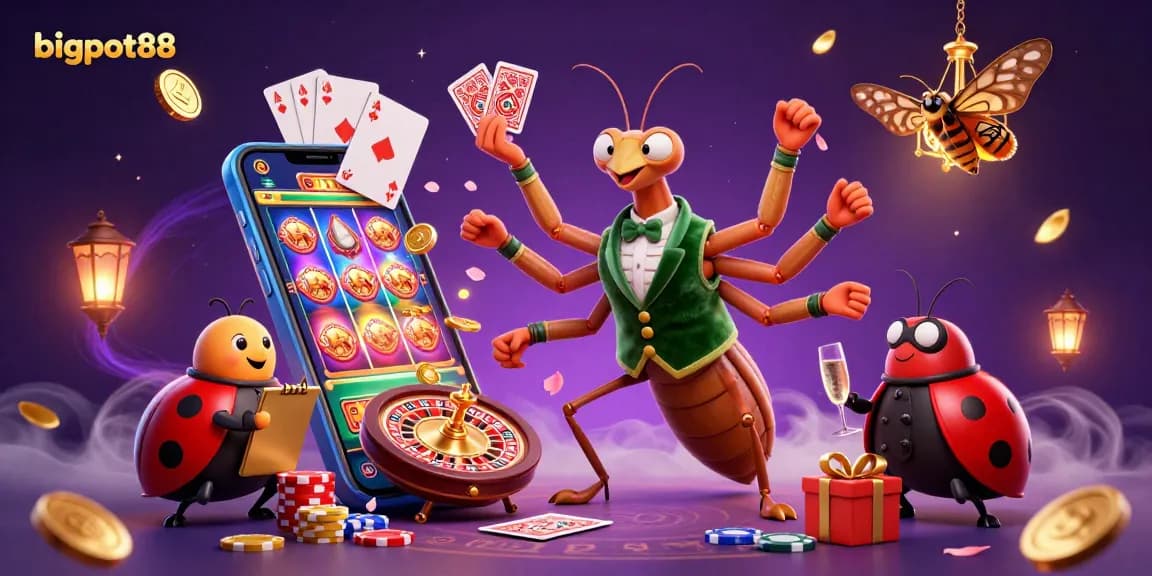 Experience bigpot88's colorful slot action with a lively mantis dealing cards in an engaging casino scene.