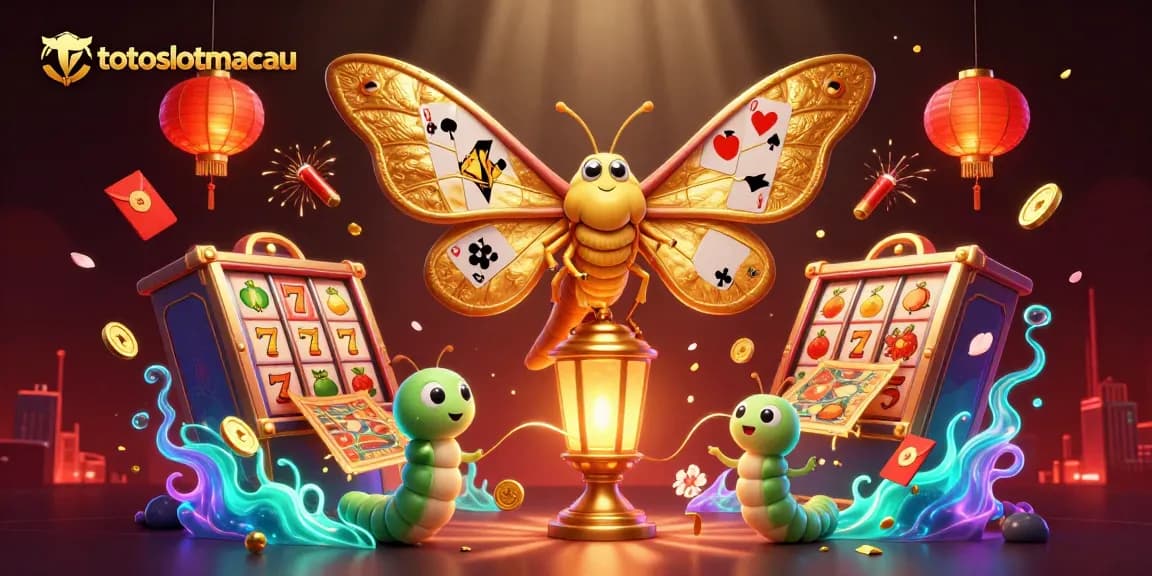 Experience jackpot thrills with totoslotmacau's vibrant casino scene featuring colorful slot reels and golden moths.