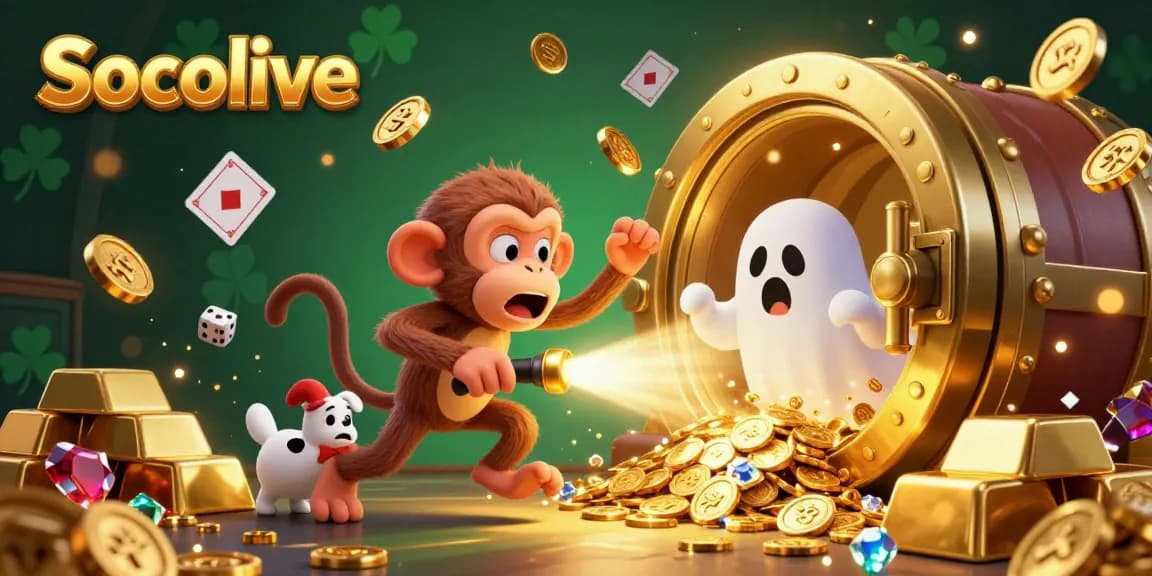 Socolive brings excitement to the casino with a playful poltergeist monkey and a curious puppy in a lively scene.