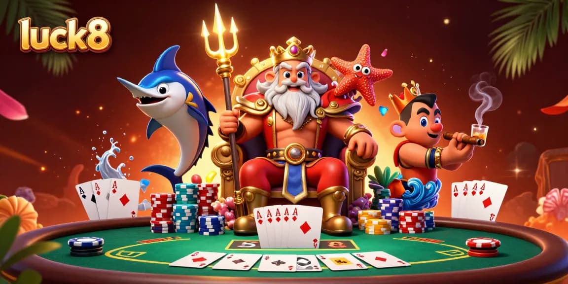 Join the adventure at luck8 with a vibrant 3D scene of Neptune playing poker!
