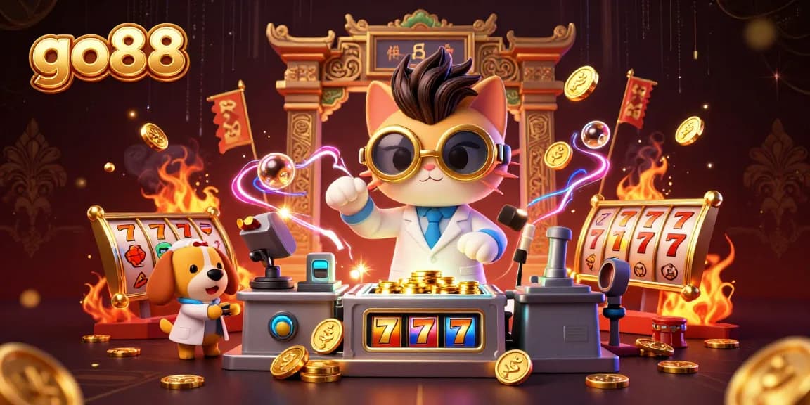 Spin the reels with go88's vibrant casino illustration featuring engaging characters and rich game elements.