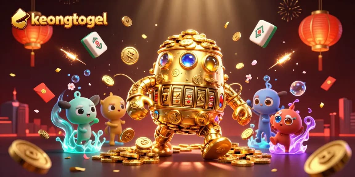Spin the reels at keongtogel with a golden golem amidst floating festive game elements.