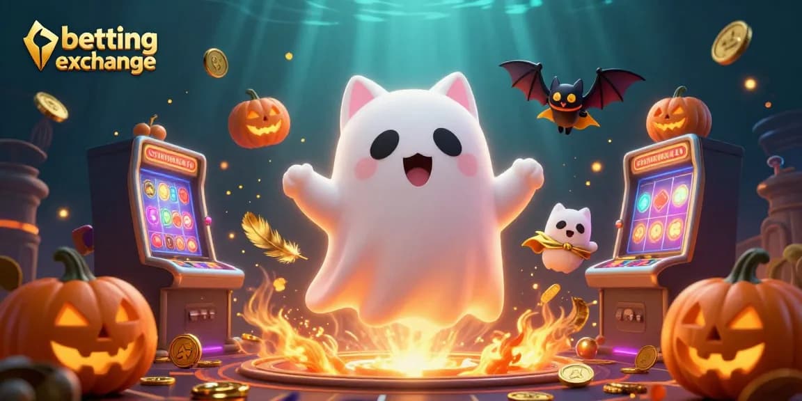 Engage with a thrilling betting exchange scene featuring a ghost cat, a vampire bat, and glowing jack-o-lanterns.