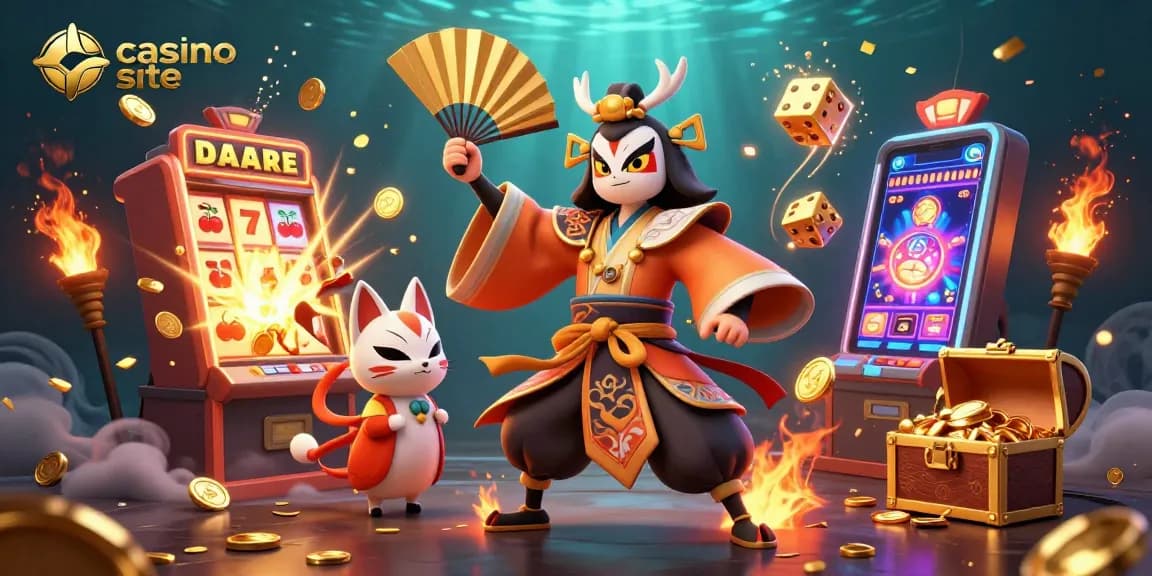 Engage with the vibrant casino site where the kabuki warrior and kitsune celebrate a jackpot explosion.