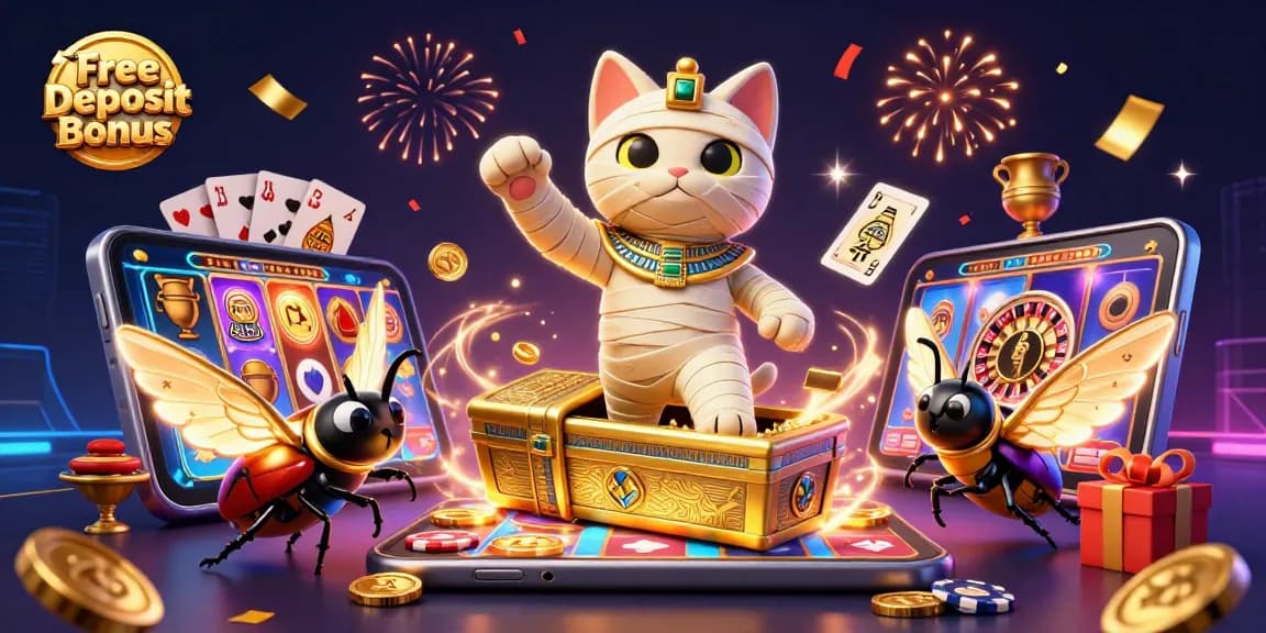 Experience the excitement of the Free No Deposit Bonus as the Egyptian mummy cat bursts forth in a vibrant casino!