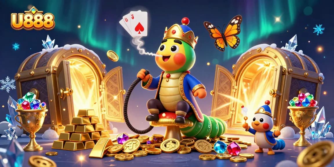 U888 spins winning poker hands in a vibrant casino scene filled with gold and jewels.