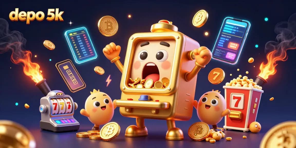 Win big with depo 5k as a golden slot machine celebrates a jackpot in this vibrant gambling illustration.