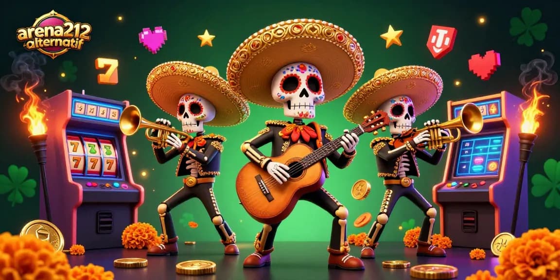 Menangkan jackpot dengan arena212 alternatif, ilustrasi kasino 3D penuh warna dengan karakter mariachi.