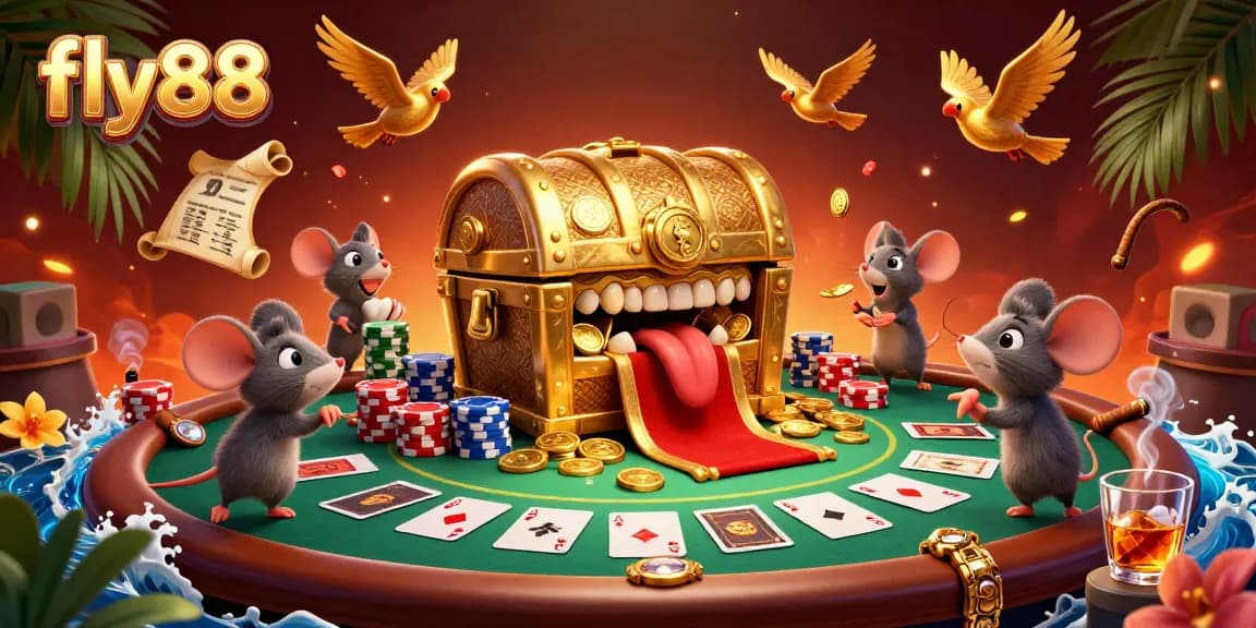 Engage with fly88's vibrant poker scene featuring a treasure chest luring adventurer mice with riches.