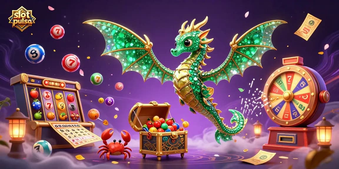 Spin and win at slot pulsa casinos with vibrant colorful themes in this dynamic illustration.