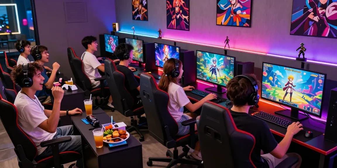 Exciting multiplayer hentai game session in a modern gaming lounge with vibrant graphics.