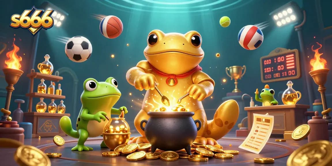 s666 brings excitement with a magical alchemist scene featuring sports elements and golden coins colliding in a vibrant casino.