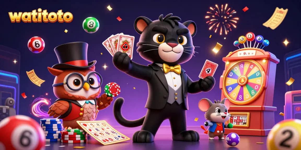 Join the thrilling action with watitoto, as a panther deals cards and an owl holds poker chips amidst colorful lottery excitement.