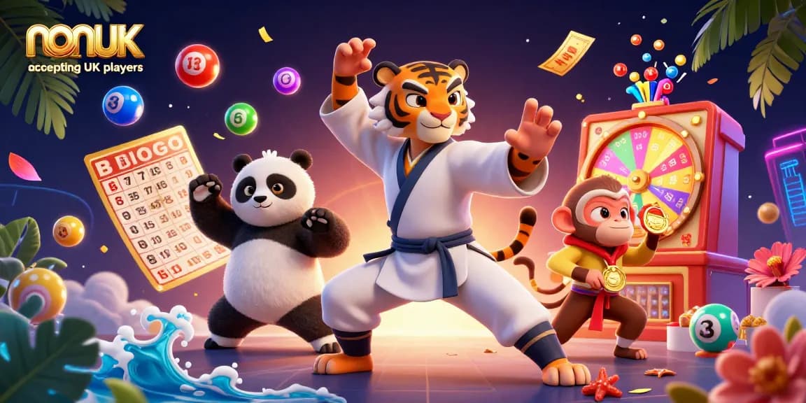 Engage in thrilling gaming with top non UK casinos accepting UK players, featuring colorful dynamic scenes.