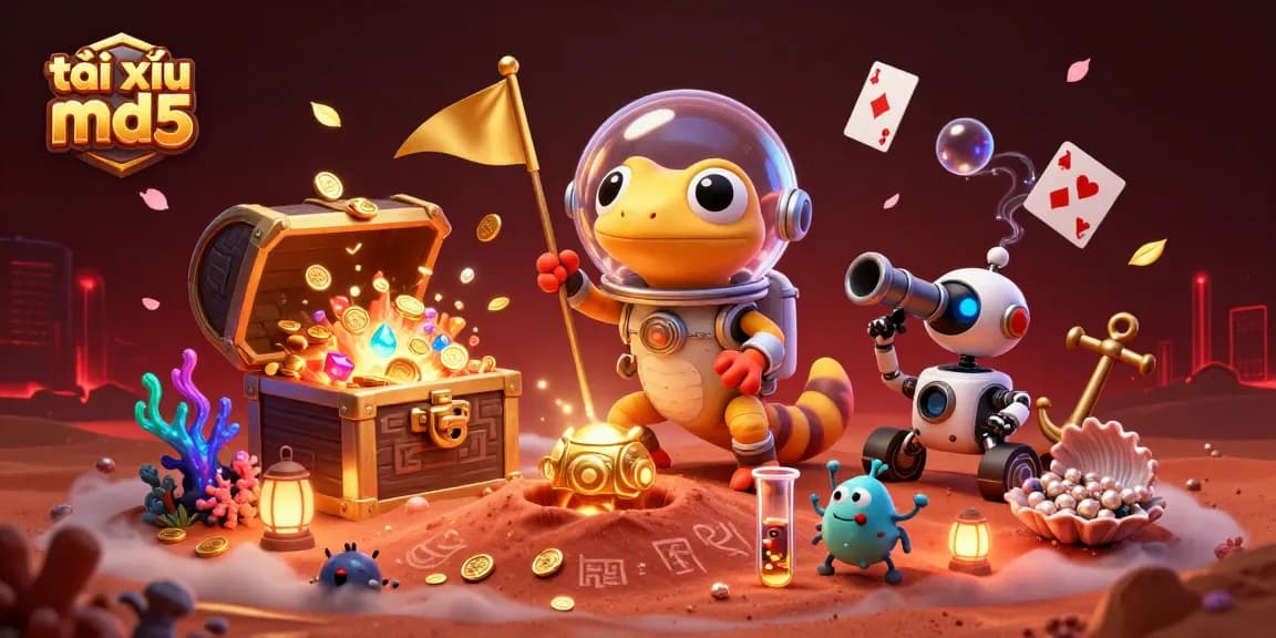 Win big with tài xỉu md5 in this vibrant 3D illustration of a Martian gecko exploring a golden casino.