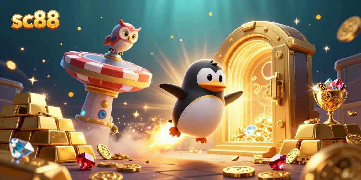 Engage with sc88 as you discover a golden penguin soaring towards a dazzling casino space station.