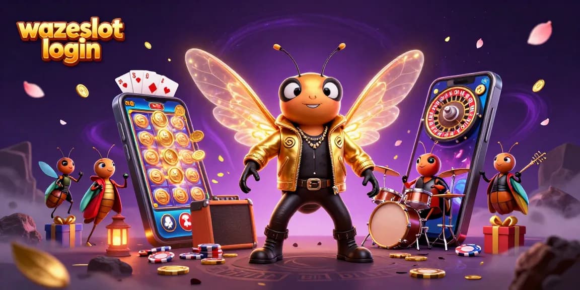 Experience excitement with WAZESLOT login as a cartoon rock star emerges in a magical casino scene.