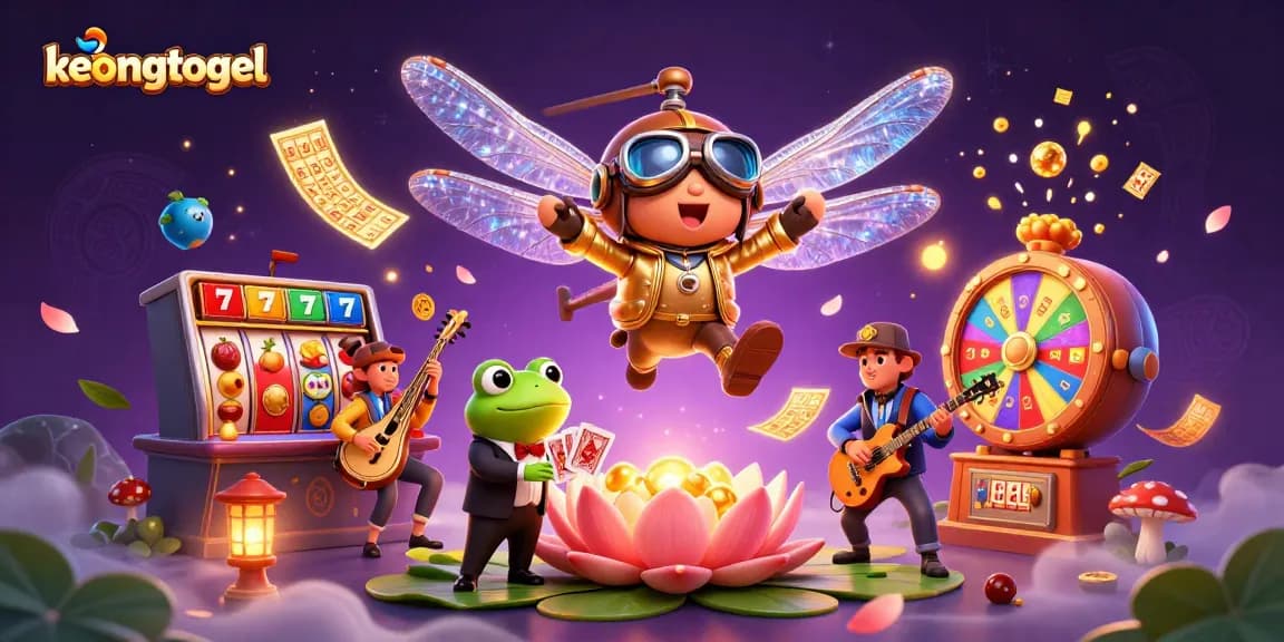 Experience the excitement of keongtogel with a dynamic casino scene featuring slot characters and vibrant game elements.