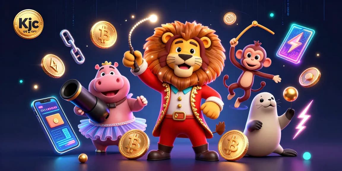 Engage with Kjc us com's vibrant online casino world featuring dynamic cartoon characters and cryptocurrency elements.