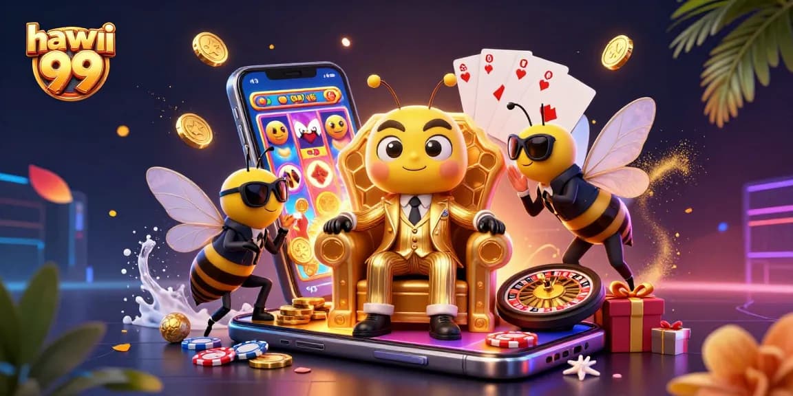 Experience hawai 99's thrilling slots with a bumblebee mob boss amidst vibrant casino elements.