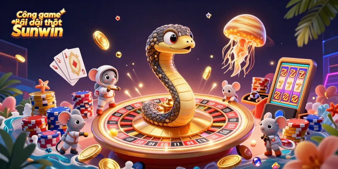 Cổng game bài đổi thưởng Sunwin offers an exhilarating experience with a vibrant 3D casino scene featuring betting astronaut mice and cosmic dealers.