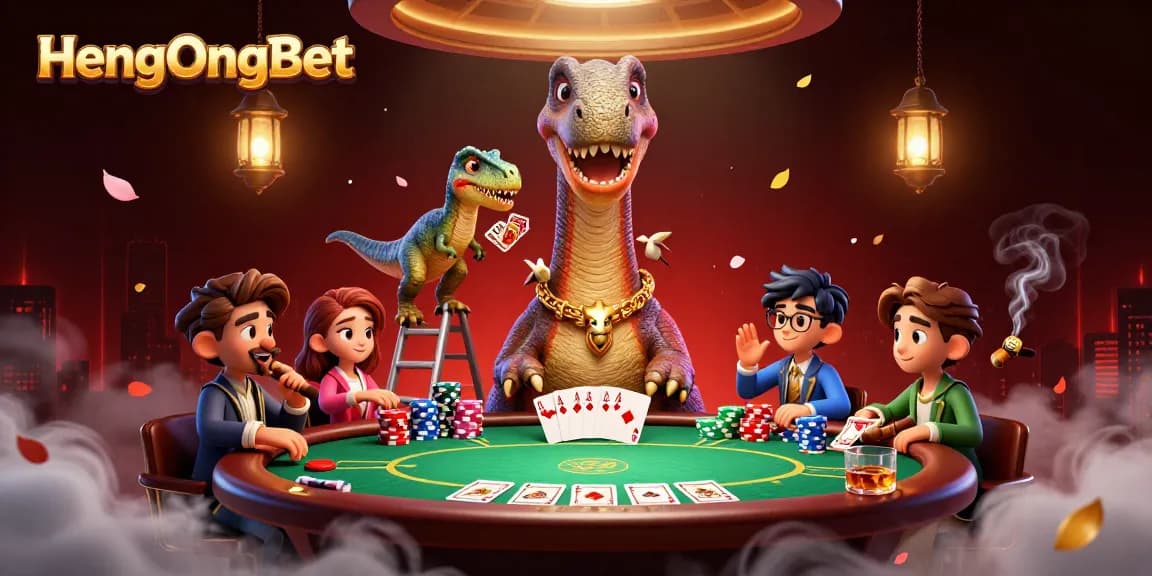 HengOngBet showcases a whimsical 3D casino scene with vibrant characters and poker elements.