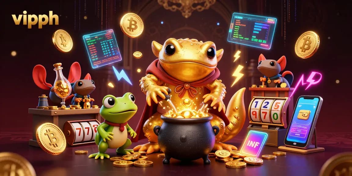 Experience exhilarating gameplay at vipph with a vibrant 3D illustration showcasing magical gold transmutation and crypto coins.