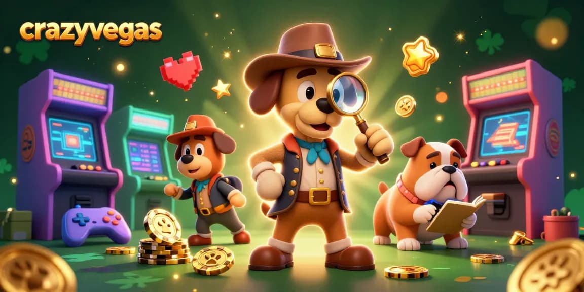 Uncover hidden treasures at crazyvegas with a detective bloodhound and notes-taking bulldog in a vibrant casino scene.