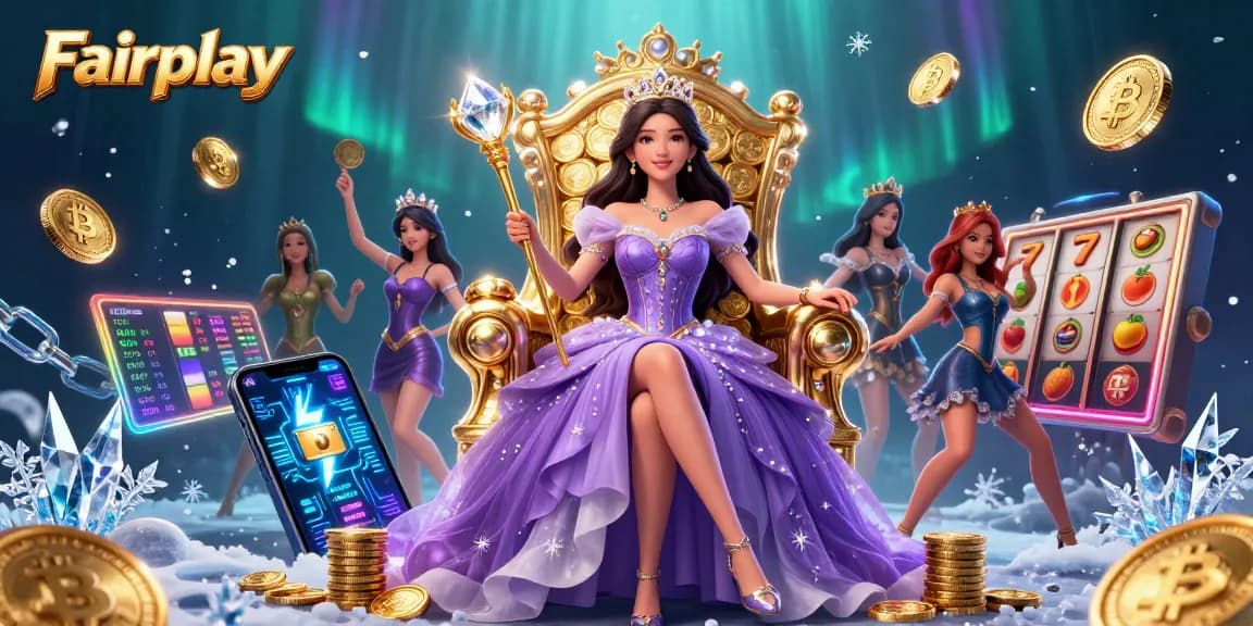 Experience Fairplay in a captivating casino scene with royalty and cryptocurrency elements.