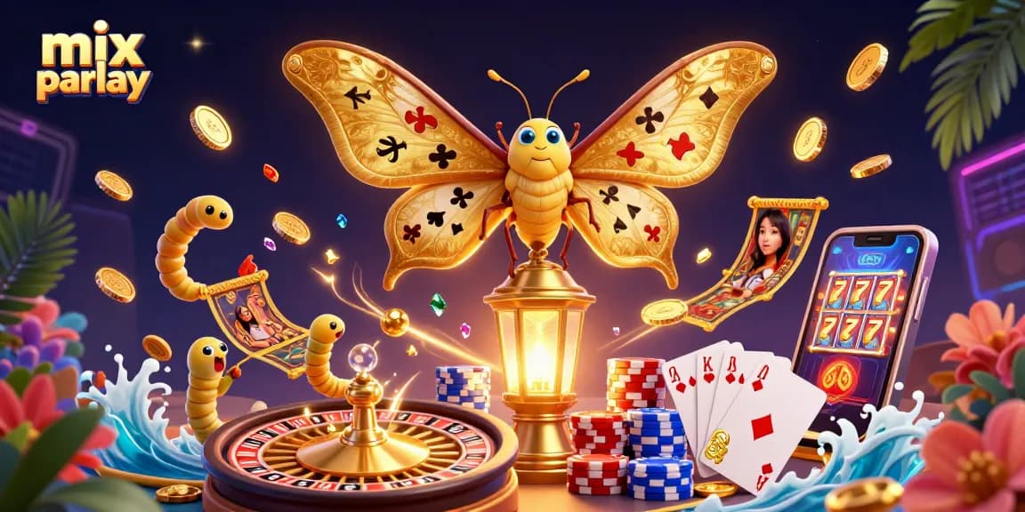 Mengoptimalkan mix parlay dengan ilustrasi kasino 3D menakjubkan yang menunjukkan kupu-kupu atlas dan elemen permainan.