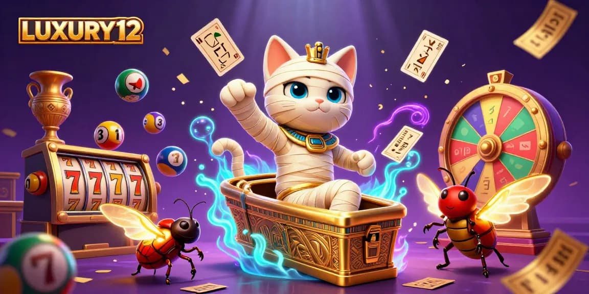 LUXURY12 showcases a thrilling casino scene with an Egyptian mummy cat, lotto balls, and vibrant game elements.