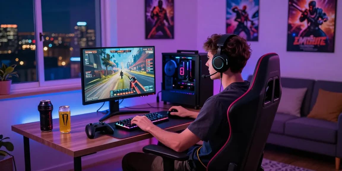 Person im gemütlichen Wohnzimmer mit Gaming-Ausrüstung und Nongamstop-Spielen.
