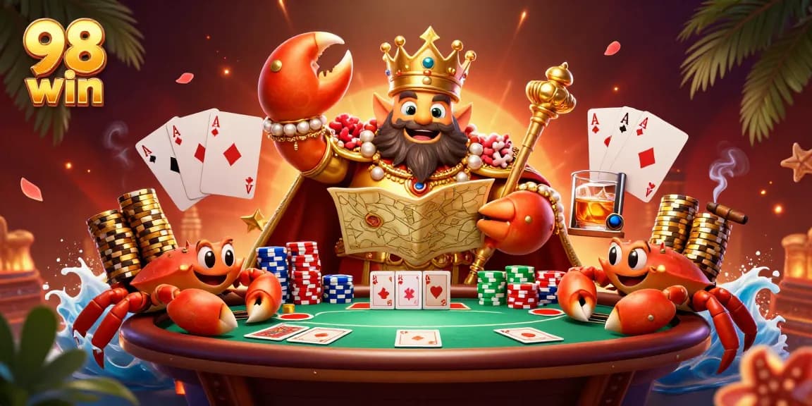 Win big with 98 win in this vibrant casino scene featuring a crab emperor and game elements.
