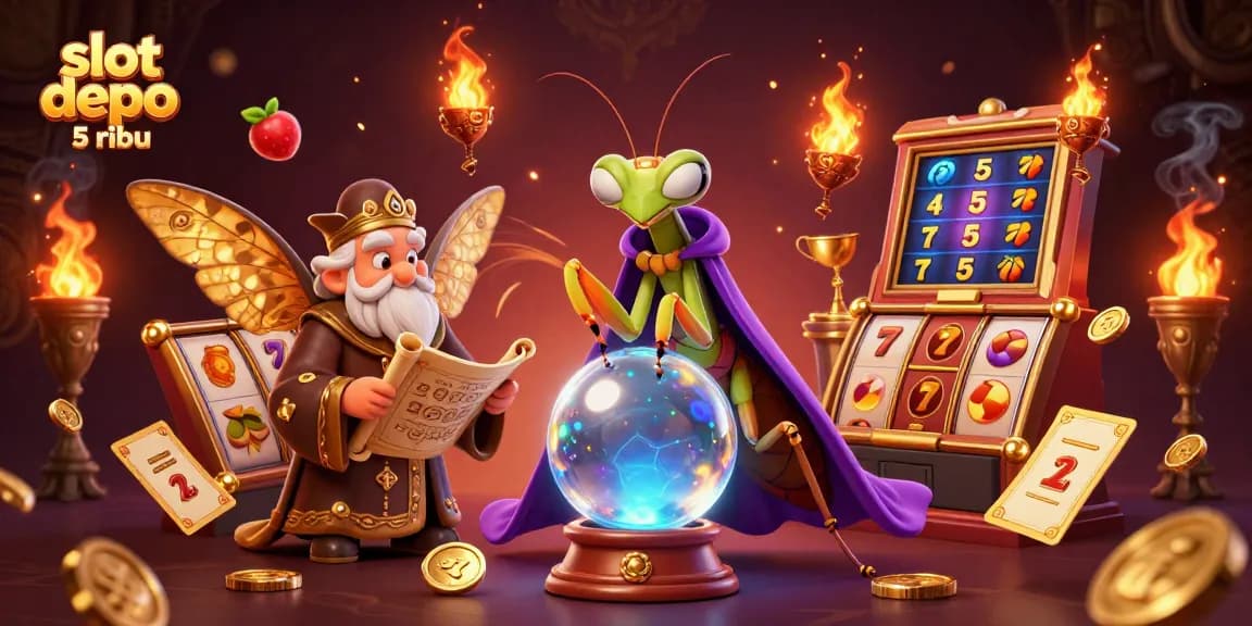 Experience the excitement of slot depo 5 ribu with captivating 3D illustrations showcasing fortune tellers and vibrant gaming elements.