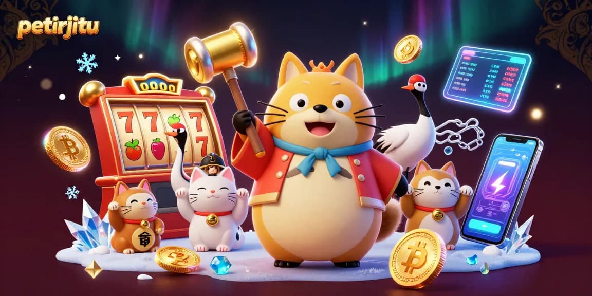 Bermain di petirjitu dengan keberuntungan, deretan slot, dan kucing maneki-neko yang membawa keberuntungan.